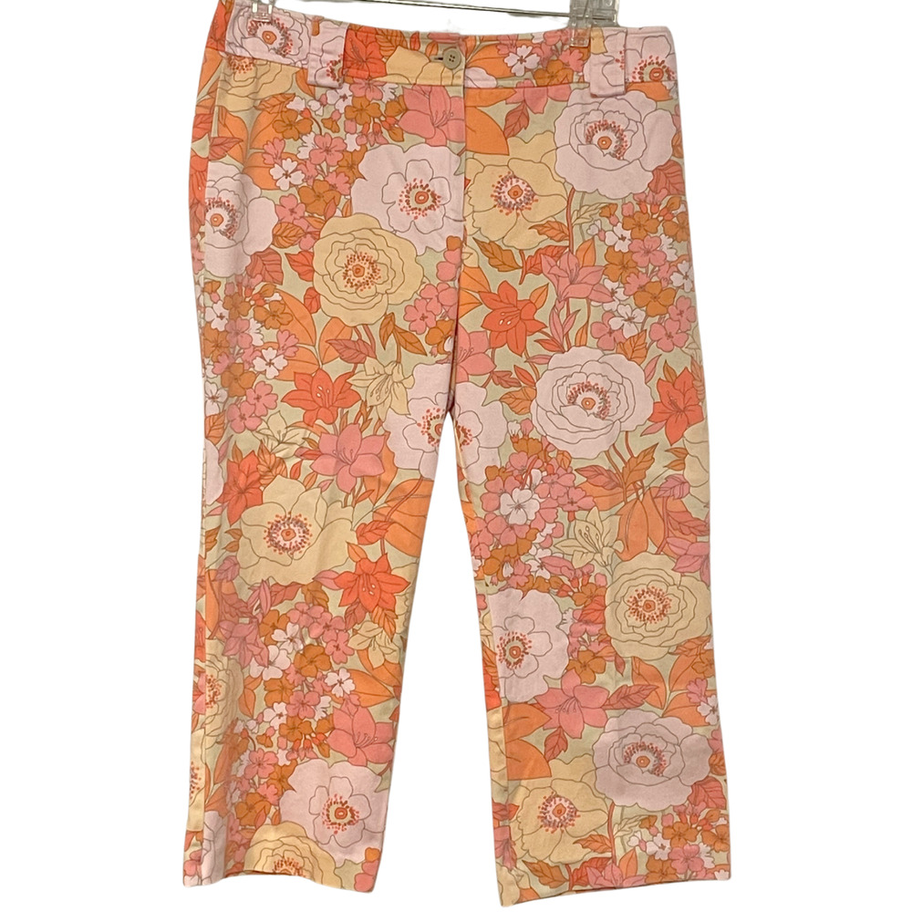 NY & Co Sz 10 Capri Pants 23"In Straight Leg Stretch Twill Funky 70s Floral Pink